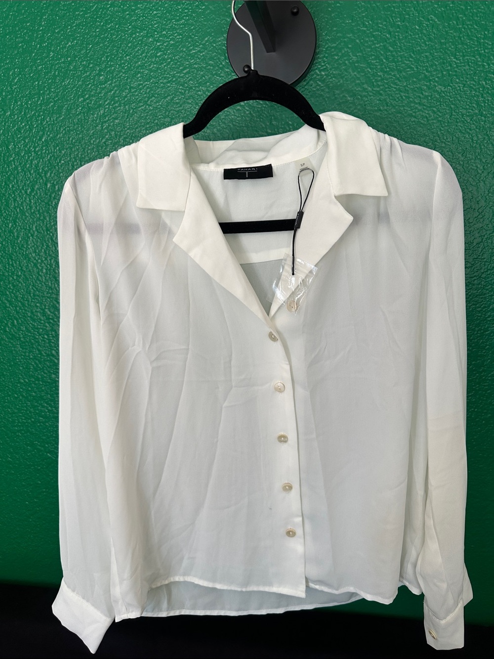 Tahari Ivory Button-Down Sheer Blouse S